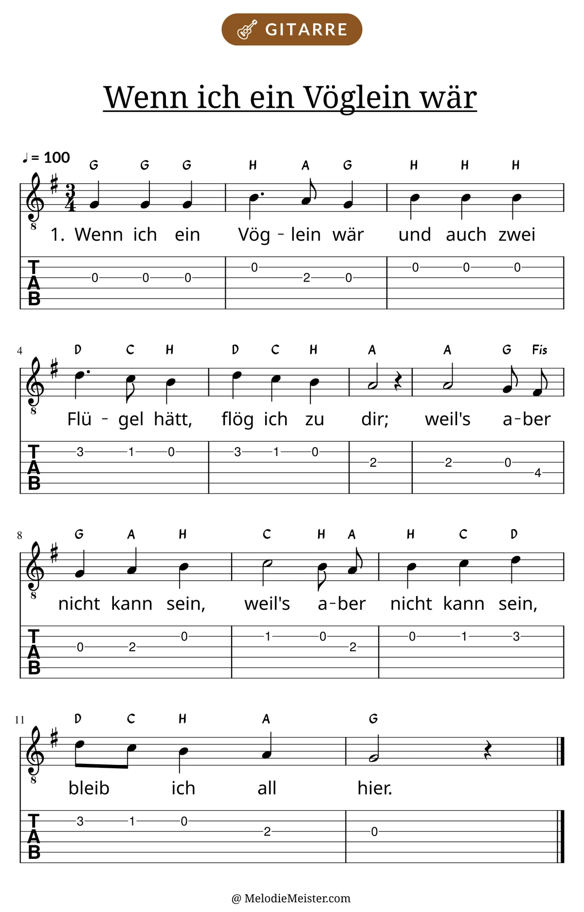 Notenblatt „Wenn ich ein Vöglein wär“ für Gitarre: Melodie mit Buchstaben über den Noten, darunter der Liedtext der 1. Strophe und die Gitarren-Tabulatur mit Bundzahlen.