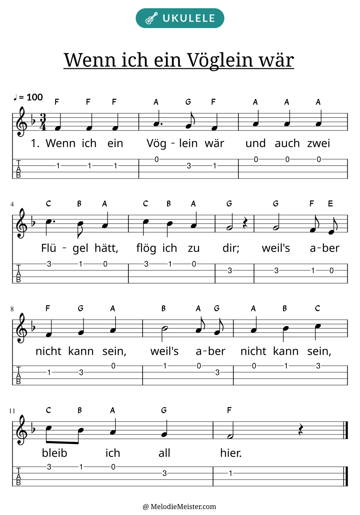 Notenblatt „Wenn ich ein Vöglein wär“ für Ukulele: Melodie mit Buchstaben über den Noten, darunter der Liedtext der 1. Strophe und die Ukulele-Tabulatur mit Bundzahlen.