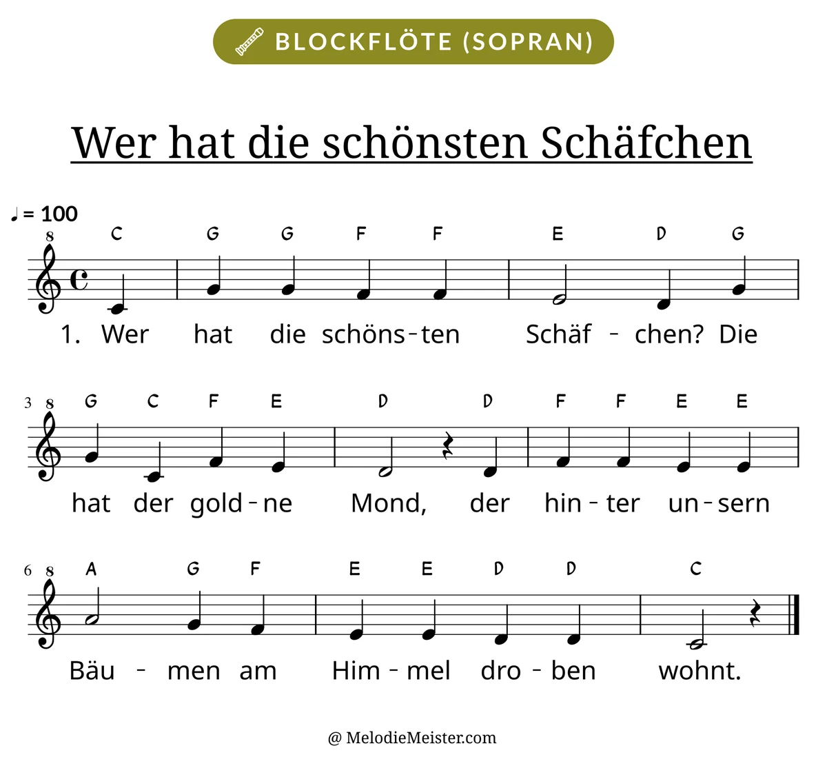 Notenblatt „Wer hat die schönsten Schäfchen“ für Blockflöte: Melodie mit Buchstaben über den Noten, darunter der Liedtext der 1. Strophe.