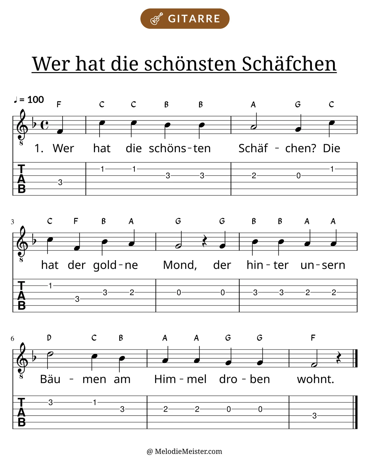 Notenblatt „Wer hat die schönsten Schäfchen“ für Gitarre: Melodie mit Buchstaben über den Noten, darunter der Liedtext der 1. Strophe und die Gitarren-Tabulatur mit Bundzahlen.