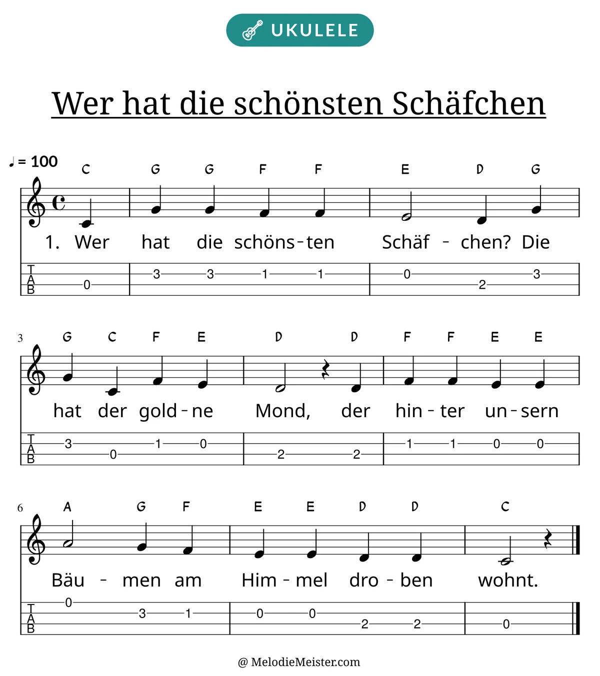 Notenblatt „Wer hat die schönsten Schäfchen“ für Ukulele: Melodie mit Buchstaben über den Noten, darunter der Liedtext der 1. Strophe und die Ukulele-Tabulatur mit Bundzahlen.