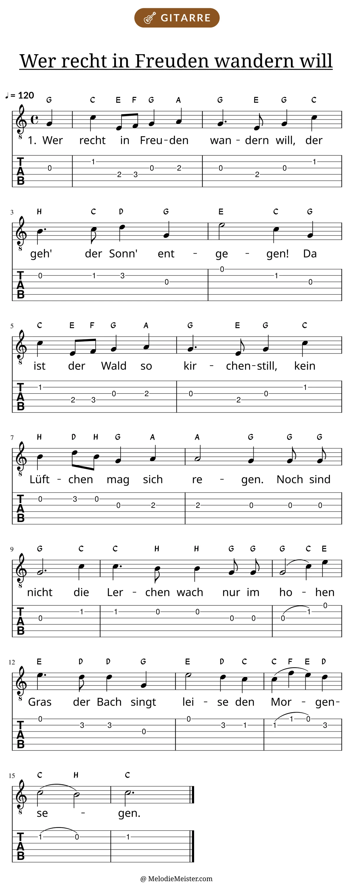 Notenblatt „Wer recht in Freuden wandern will“ für Gitarre: Melodie mit Buchstaben über den Noten, darunter der Liedtext der 1. Strophe und die Gitarren-Tabulatur mit Bundzahlen.