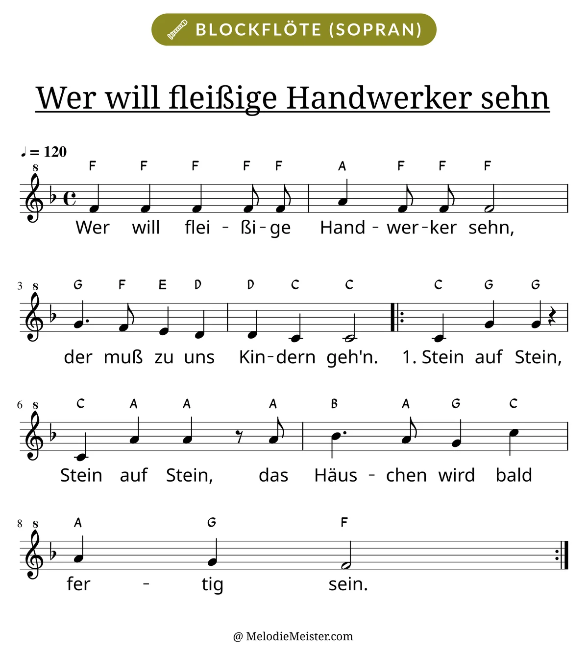 Notenblatt „Wer will fleißige Handwerker sehn“ für Blockflöte: Melodie mit Buchstaben über den Noten, darunter der Liedtext der 1. Strophe.