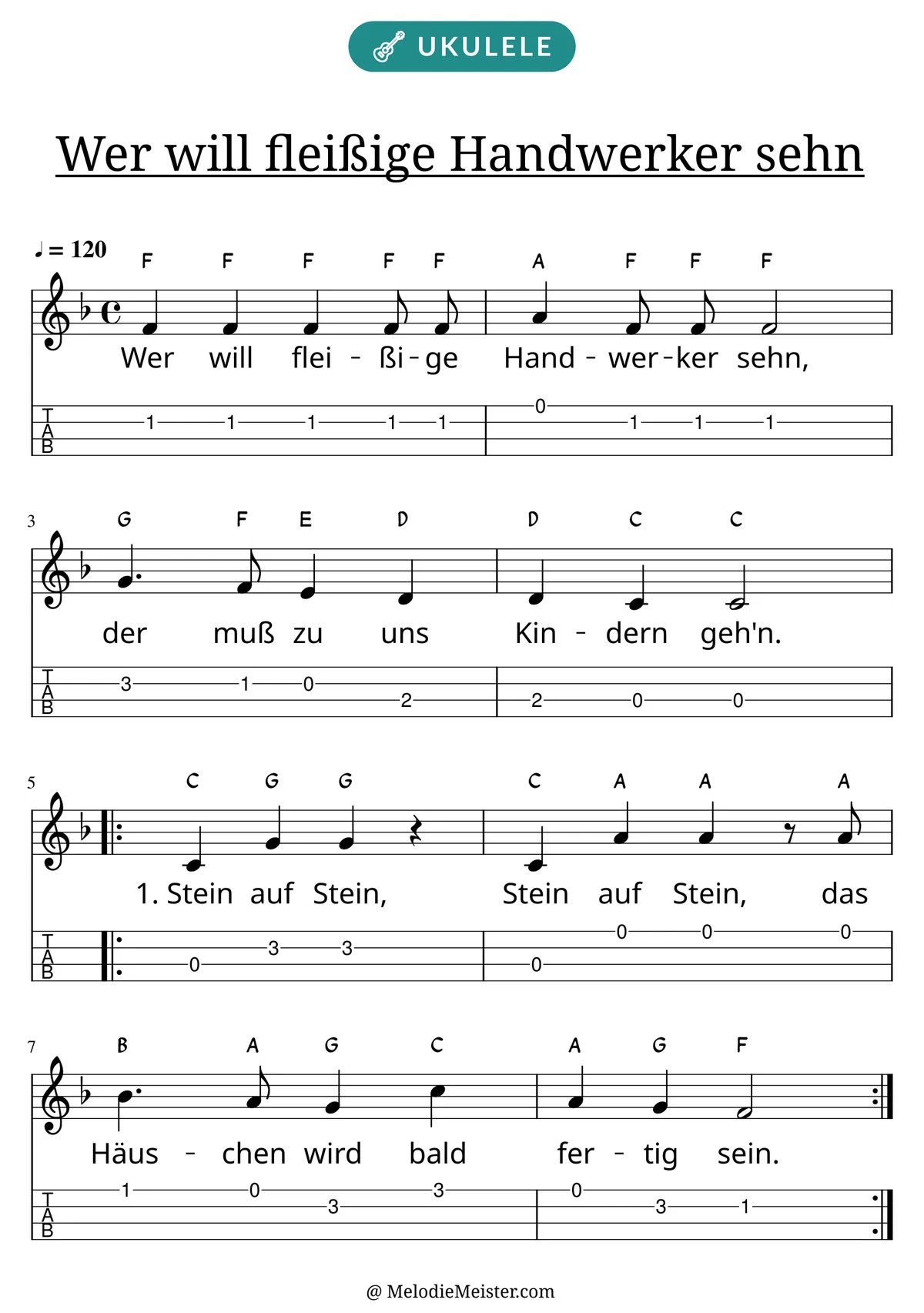 Notenblatt „Wer will fleißige Handwerker sehn“ für Ukulele: Melodie mit Buchstaben über den Noten, darunter der Liedtext der 1. Strophe und die Ukulele-Tabulatur mit Bundzahlen.
