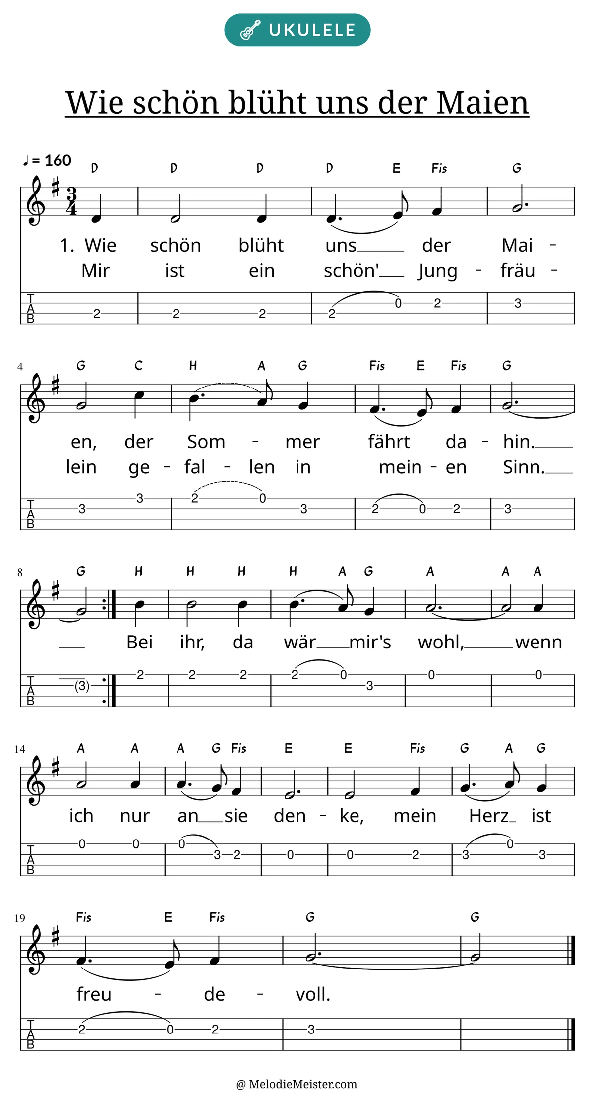 Notenblatt „Wie schön blüht uns der Maien“ für Ukulele: Melodie mit Buchstaben über den Noten, darunter der Liedtext der ersten beiden Strophen und die Ukulele-Tabulatur mit Bundzahlen.