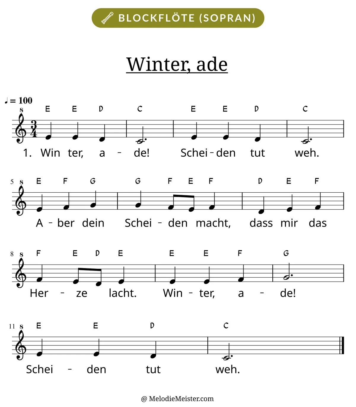 Notenblatt „Winter, ade“ für Blockflöte: Melodie mit Buchstaben über den Noten, darunter der Liedtext der 1. Strophe.