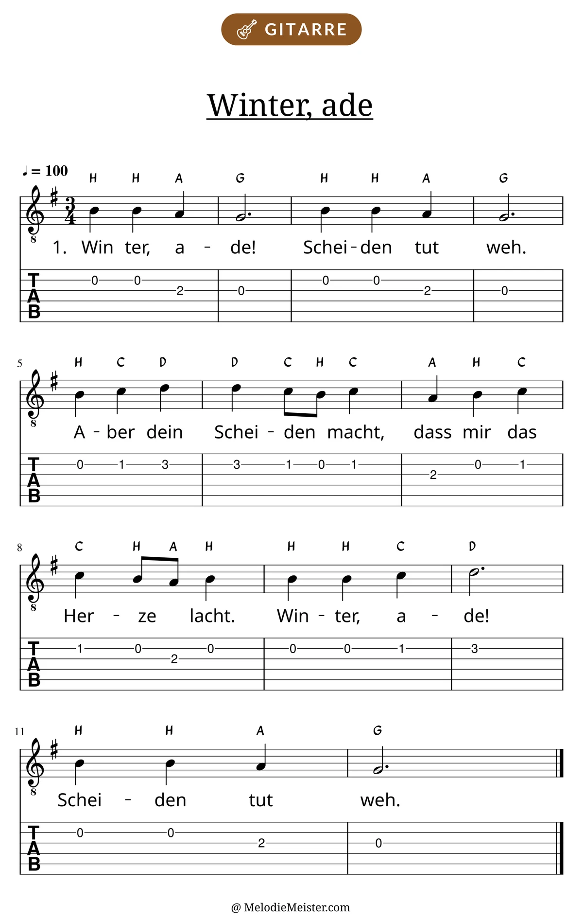 Notenblatt „Winter, ade“ für Gitarre: Melodie mit Buchstaben über den Noten, darunter der Liedtext der 1. Strophe und die Gitarren-Tabulatur mit Bundzahlen.