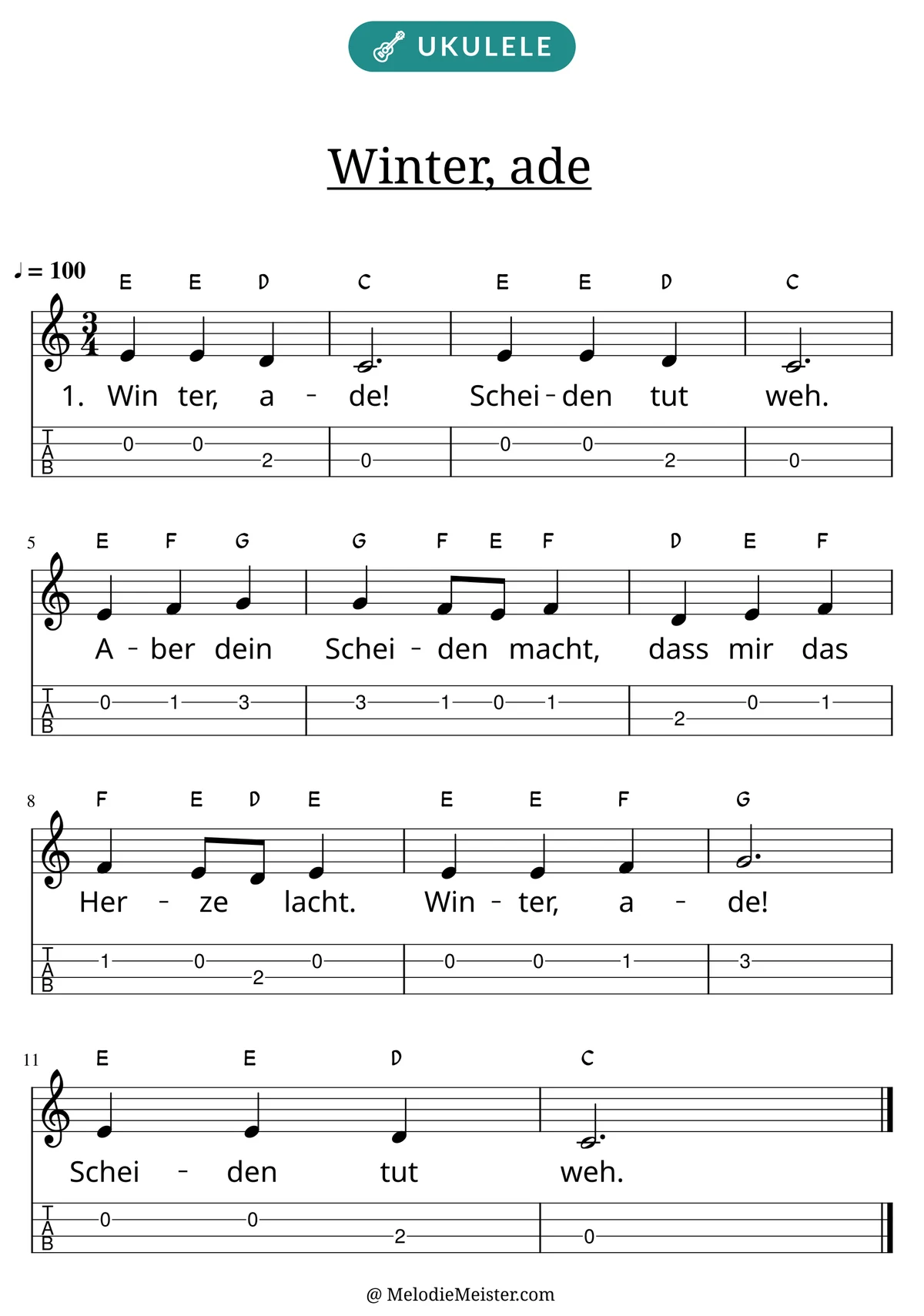 Notenblatt „Winter, ade“ für Ukulele: Melodie mit Buchstaben über den Noten, darunter der Liedtext der 1. Strophe und die Ukulele-Tabulatur mit Bundzahlen.