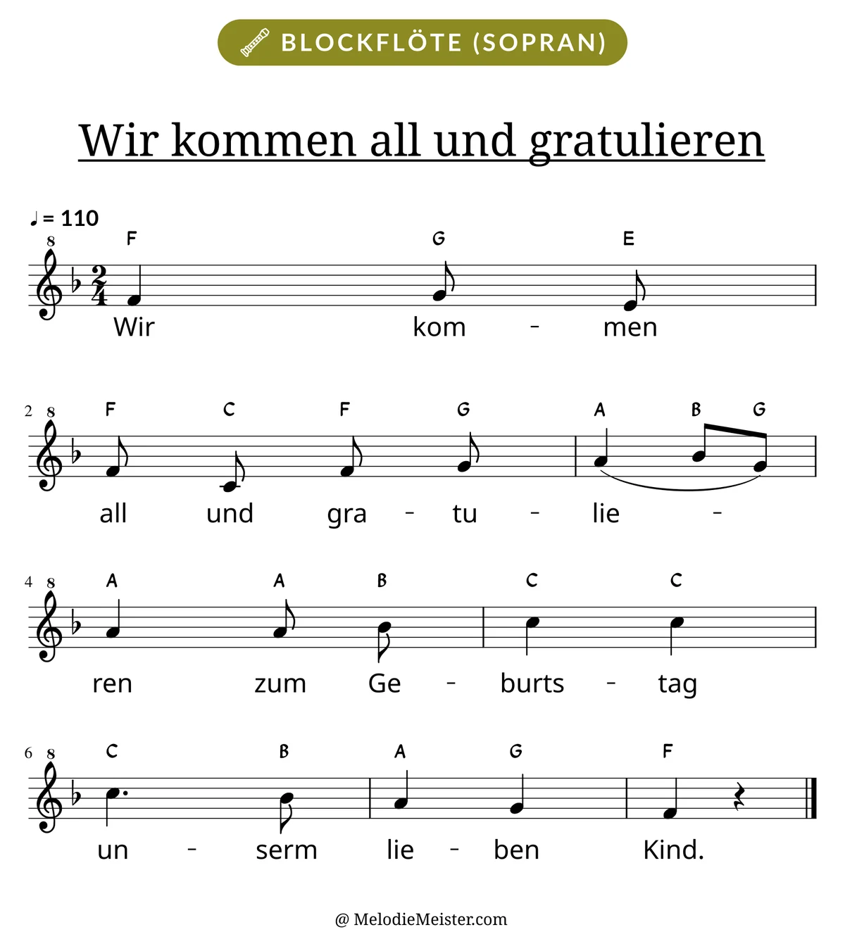 Notenblatt „Wir kommen all und gratulieren“ für Blockflöte: Melodie mit Buchstaben über den Noten, darunter der Liedtext der 1. Strophe.