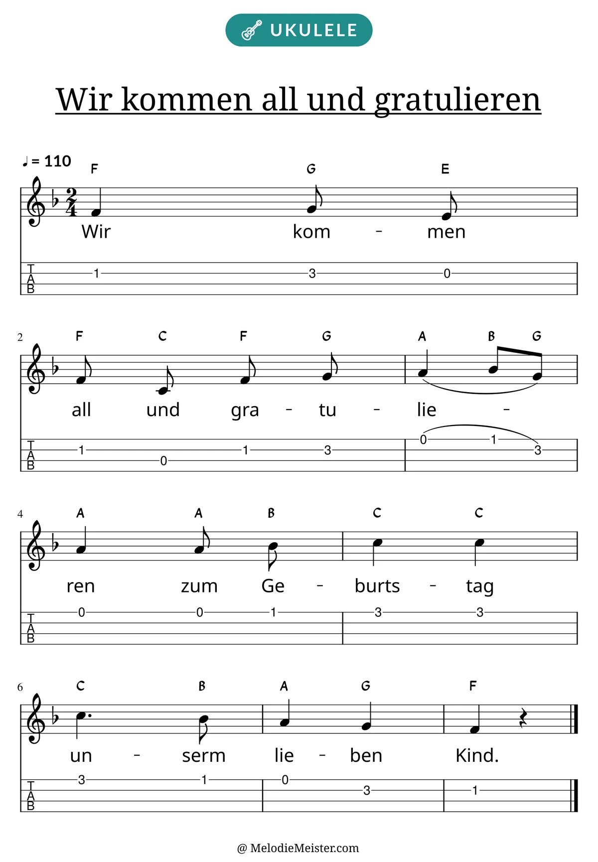 Notenblatt „Wir kommen all und gratulieren“ für Ukulele: Melodie mit Buchstaben über den Noten, darunter der Liedtext der 1. Strophe und die Ukulele-Tabulatur mit Bundzahlen.