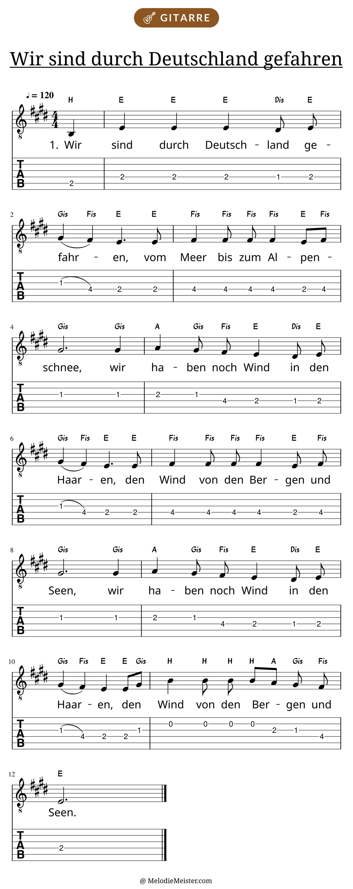 Notenblatt „Wir sind durch Deutschland gefahren“ für Gitarre: Melodie mit Buchstaben über den Noten, darunter der Liedtext der 1. Strophe und die Gitarren-Tabulatur mit Bundzahlen.