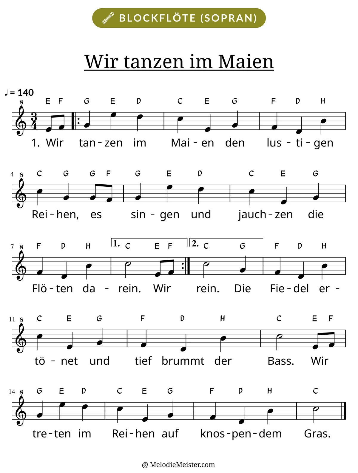 Notenblatt „Wir tanzen im Maien“ für Blockflöte: Melodie mit Buchstaben über den Noten, darunter der Liedtext der 1. Strophe.