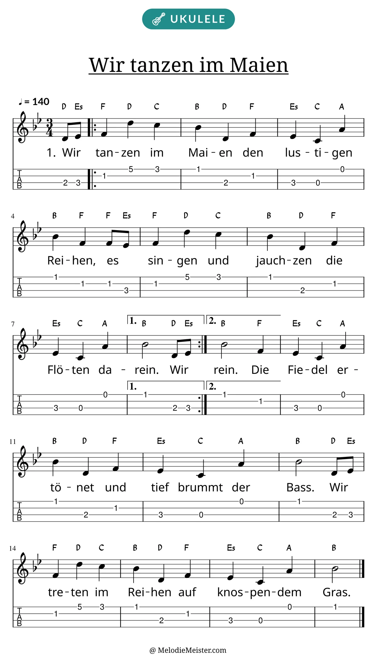 Notenblatt „Wir tanzen im Maien“ für Ukulele: Melodie mit Buchstaben über den Noten, darunter der Liedtext der 1. Strophe und die Ukulele-Tabulatur mit Bundzahlen.