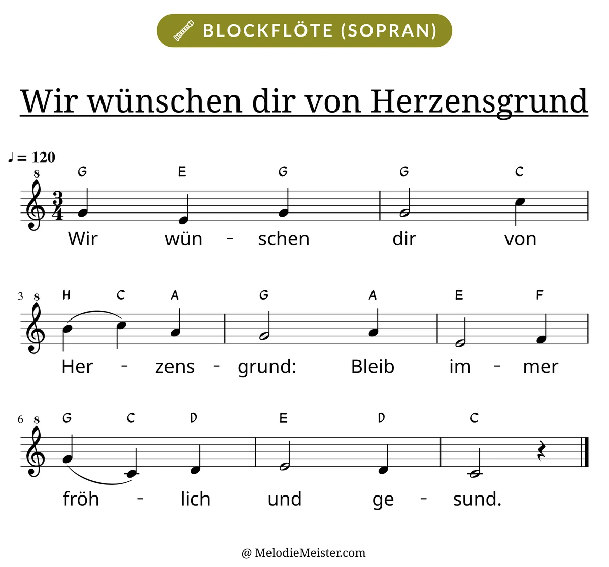Notenblatt „Wir wünschen dir von Herzensgrund“ für Blockflöte: Melodie mit Buchstaben über den Noten, darunter der Liedtext.