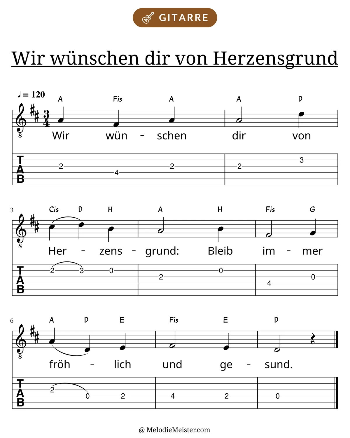 Notenblatt „Wir wünschen dir von Herzensgrund“ für Gitarre: Melodie mit Buchstaben über den Noten, darunter der Liedtext und die Gitarren-Tabulatur mit Bundzahlen.
