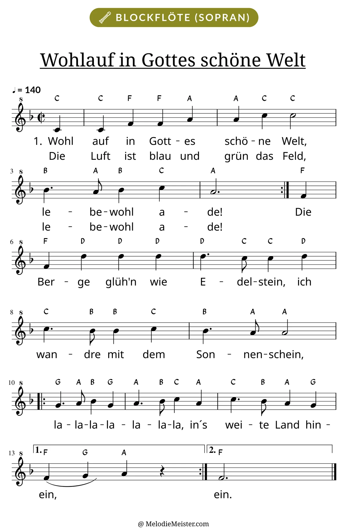 Notenblatt „Wohlauf in Gottes schöne Welt“ für Blockflöte: Melodie mit Buchstaben über den Noten, darunter der Liedtext der ersten beiden Strophen.