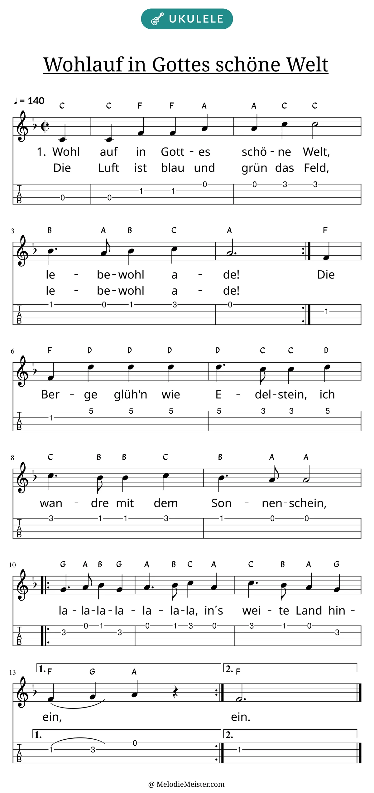 Notenblatt „Wohlauf in Gottes schöne Welt“ für Ukulele: Melodie mit Buchstaben über den Noten, darunter der Liedtext der ersten beiden Strophen und die Ukulele-Tabulatur mit Bundzahlen.