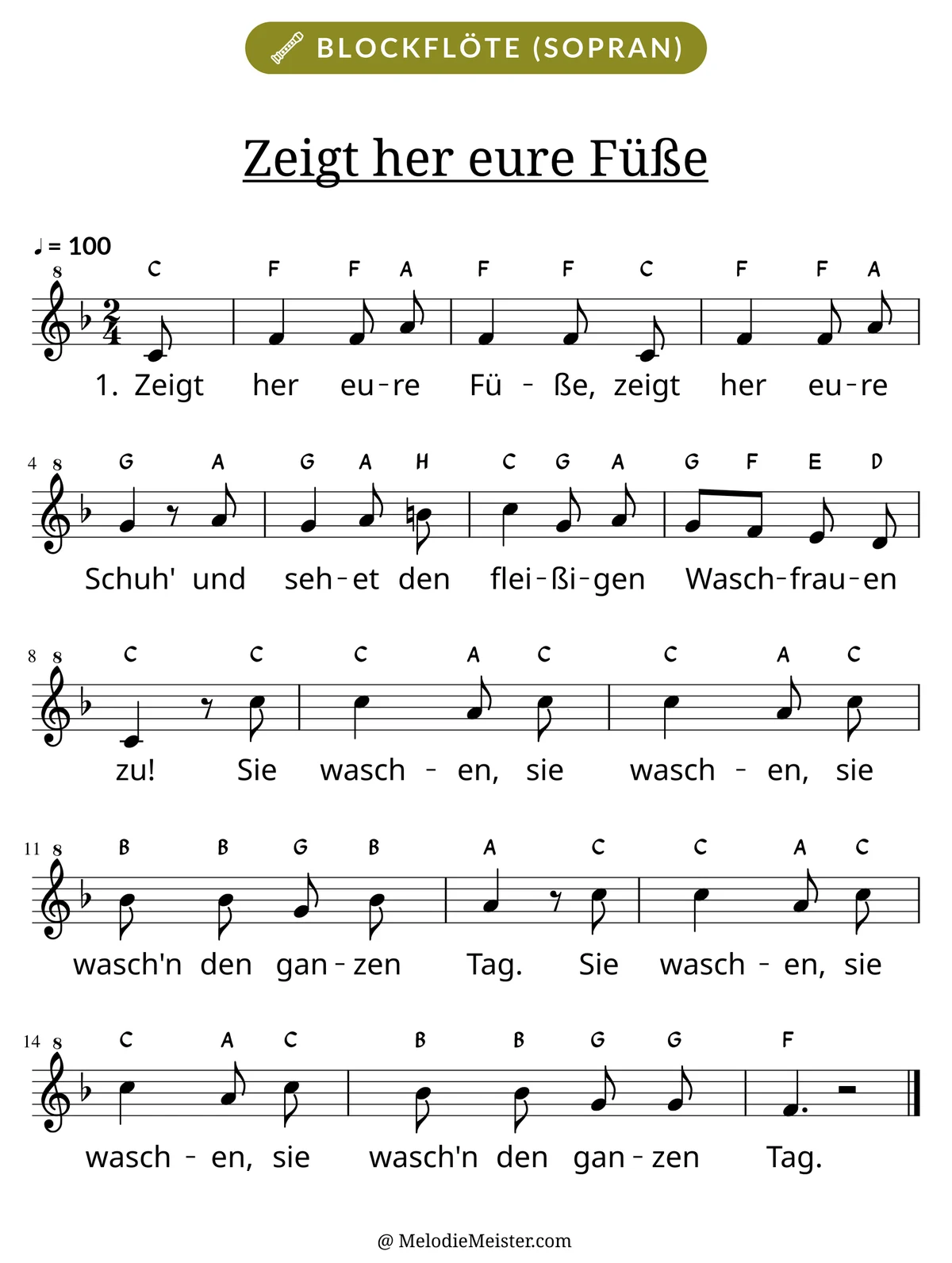 Notenblatt „Zeigt her eure Füße“ für Blockflöte: Melodie mit Buchstaben über den Noten, darunter der Liedtext der 1. Strophe.