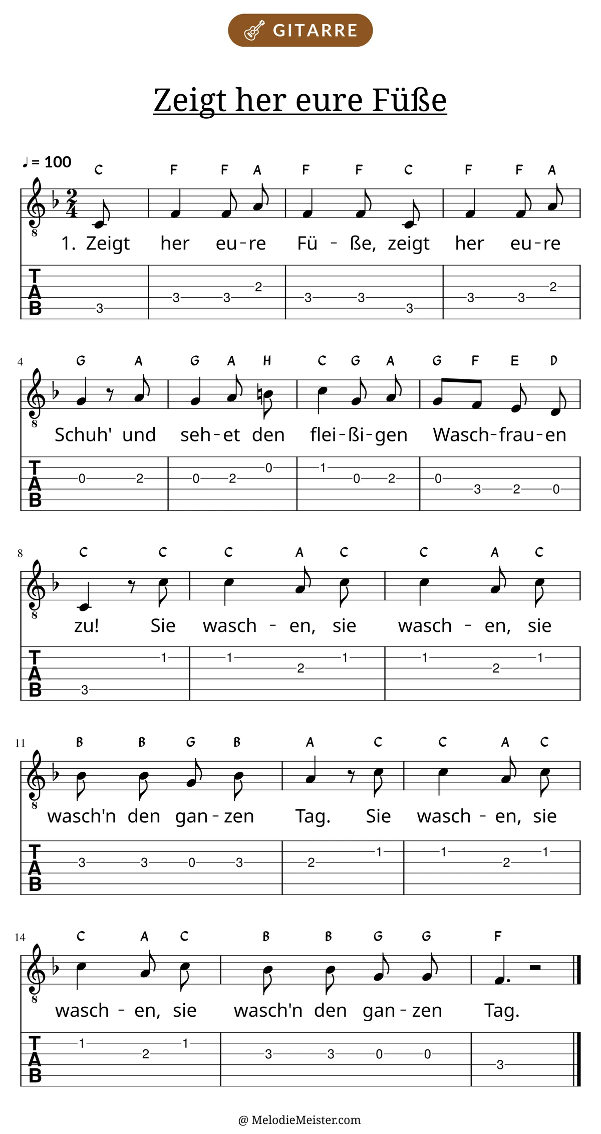 Notenblatt „Zeigt her eure Füße“ für Gitarre: Melodie mit Buchstaben über den Noten, darunter der Liedtext der 1. Strophe und die Gitarren-Tabulatur mit Bundzahlen.