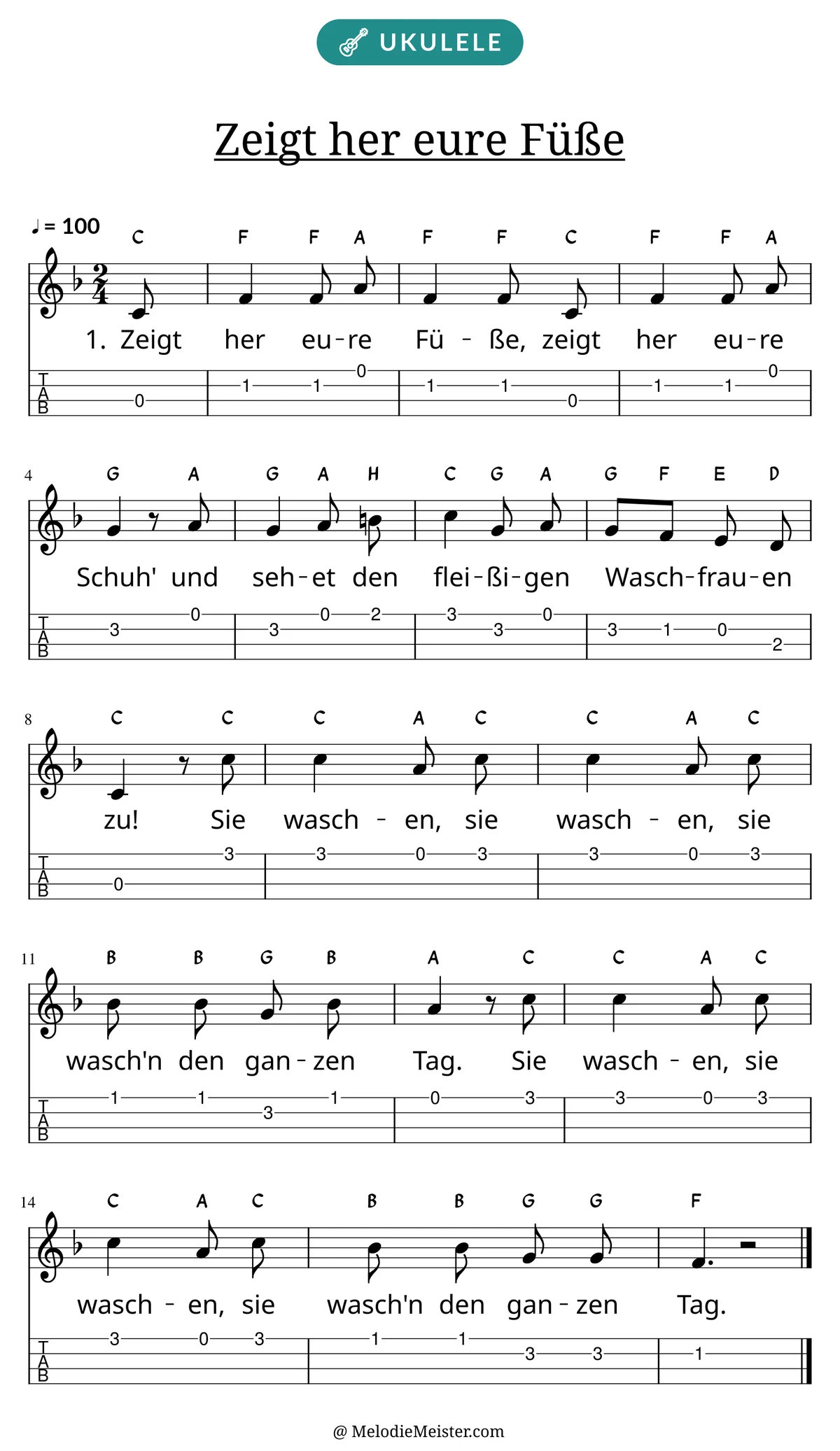 Notenblatt „Zeigt her eure Füße“ für Ukulele: Melodie mit Buchstaben über den Noten, darunter der Liedtext der 1. Strophe und die Ukulele-Tabulatur mit Bundzahlen.