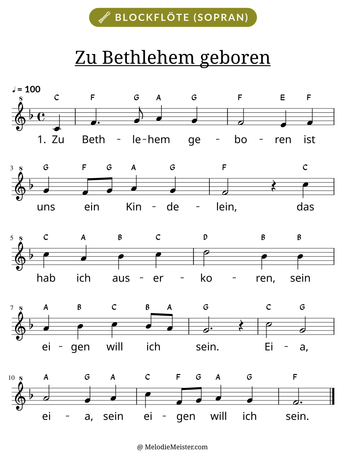 Notenblatt „Zu Bethlehem geboren“ für Blockflöte: Melodie mit Buchstaben über den Noten, darunter der Liedtext der 1. Strophe.