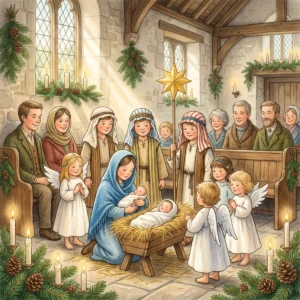 Krippenspiel in einer Dorfkirche: Ein Mädchen als Maria kniet an der Strohkrippe, Kinder als Hirten und Engel mit weißen Flügeln stehen um sie, Eltern sitzen in den Bänken, ein Junge hält einen goldenen Stern.
