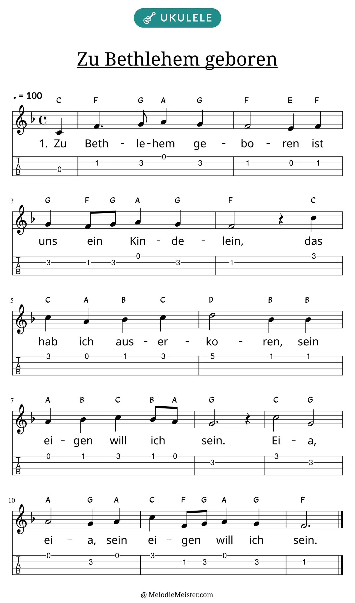 Notenblatt „Zu Bethlehem geboren“ für Ukulele: Melodie mit Buchstaben über den Noten, darunter der Liedtext der 1. Strophe und die Ukulele-Tabulatur mit Bundzahlen.
