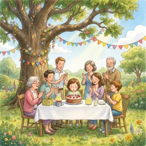 Ein Kind sitzt im Garten unter einem großen Baum mit Wimpelkette vor einer Torte mit brennenden Kerzen, Familie und Freunde stehen klatschend um den Tisch.