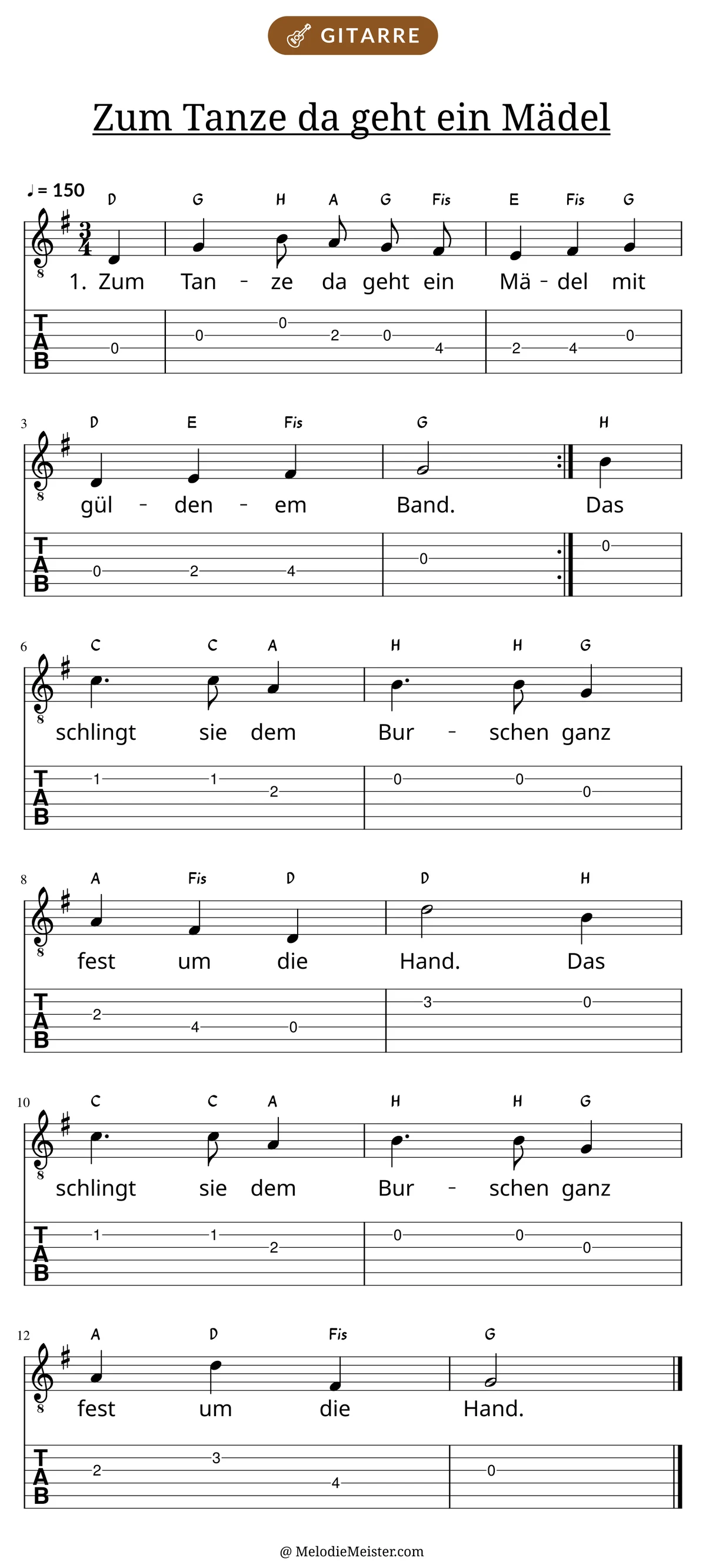 Notenblatt „Zum Tanze da geht ein Mädel“ für Gitarre: Melodie mit Buchstaben über den Noten, darunter der Liedtext der 1. Strophe und die Gitarren-Tabulatur mit Bundzahlen.