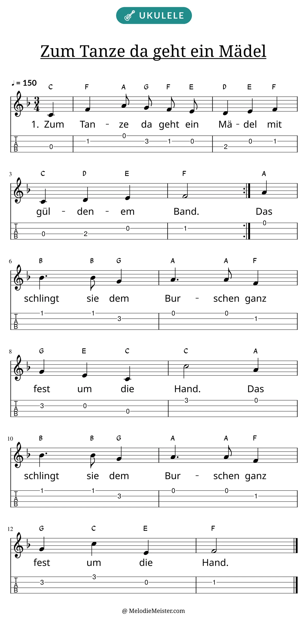 Notenblatt „Zum Tanze da geht ein Mädel“ für Ukulele: Melodie mit Buchstaben über den Noten, darunter der Liedtext der 1. Strophe und die Ukulele-Tabulatur mit Bundzahlen.